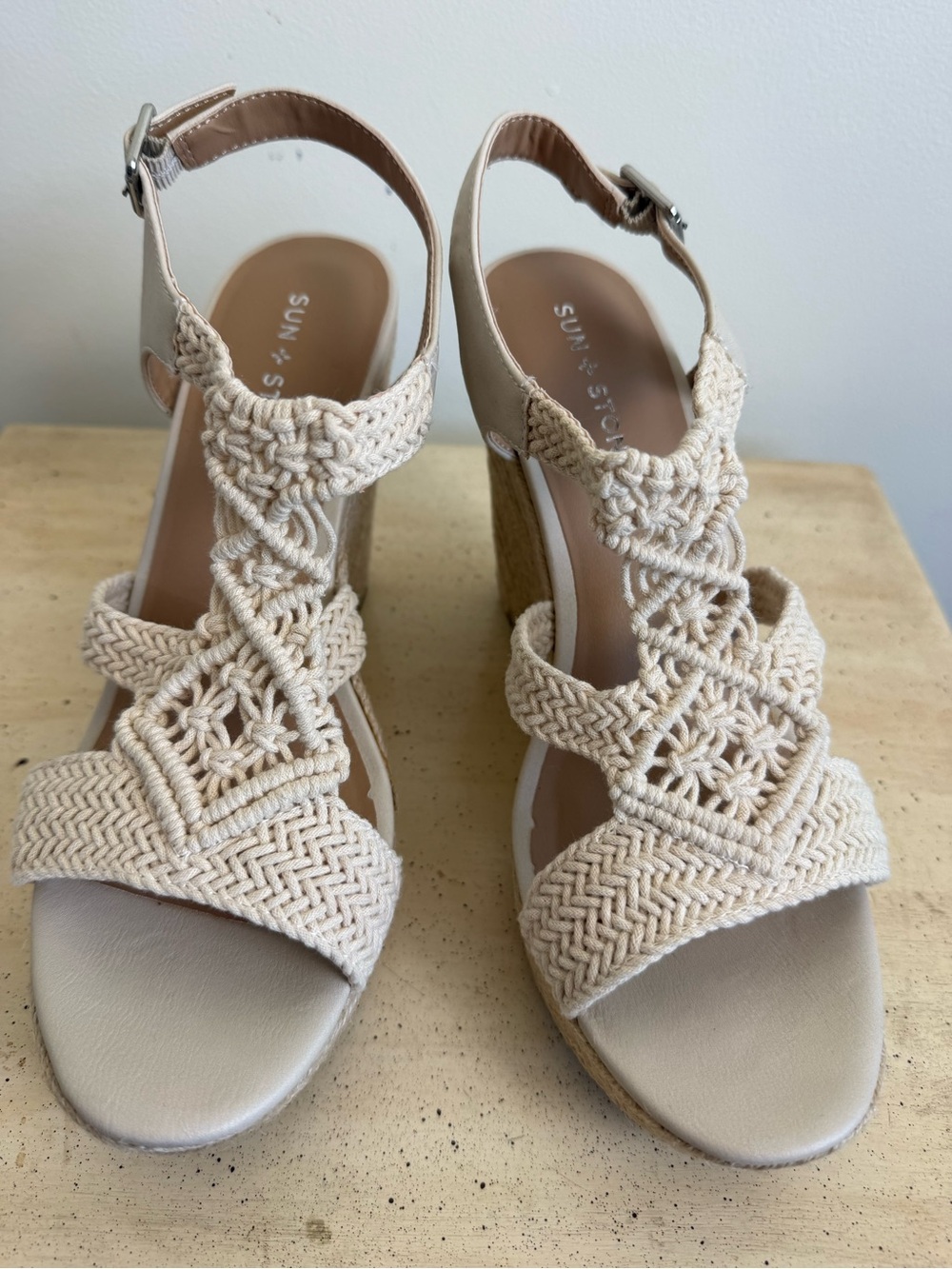 NIB Sun + Stone Ivory Cream Natural Braided Espadrille Wedge Sandals 9.5 M